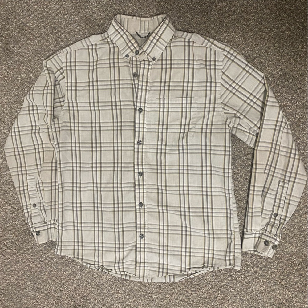 Eddie Bauer Men's Small Button Front Long Sleeve Shirt Tan Plaid Hidden Pocket